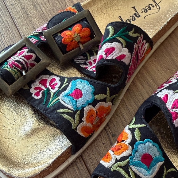 Free People Black Embroidered Double-Strap Sandals with Gold Footbed - Picture 5 of 7